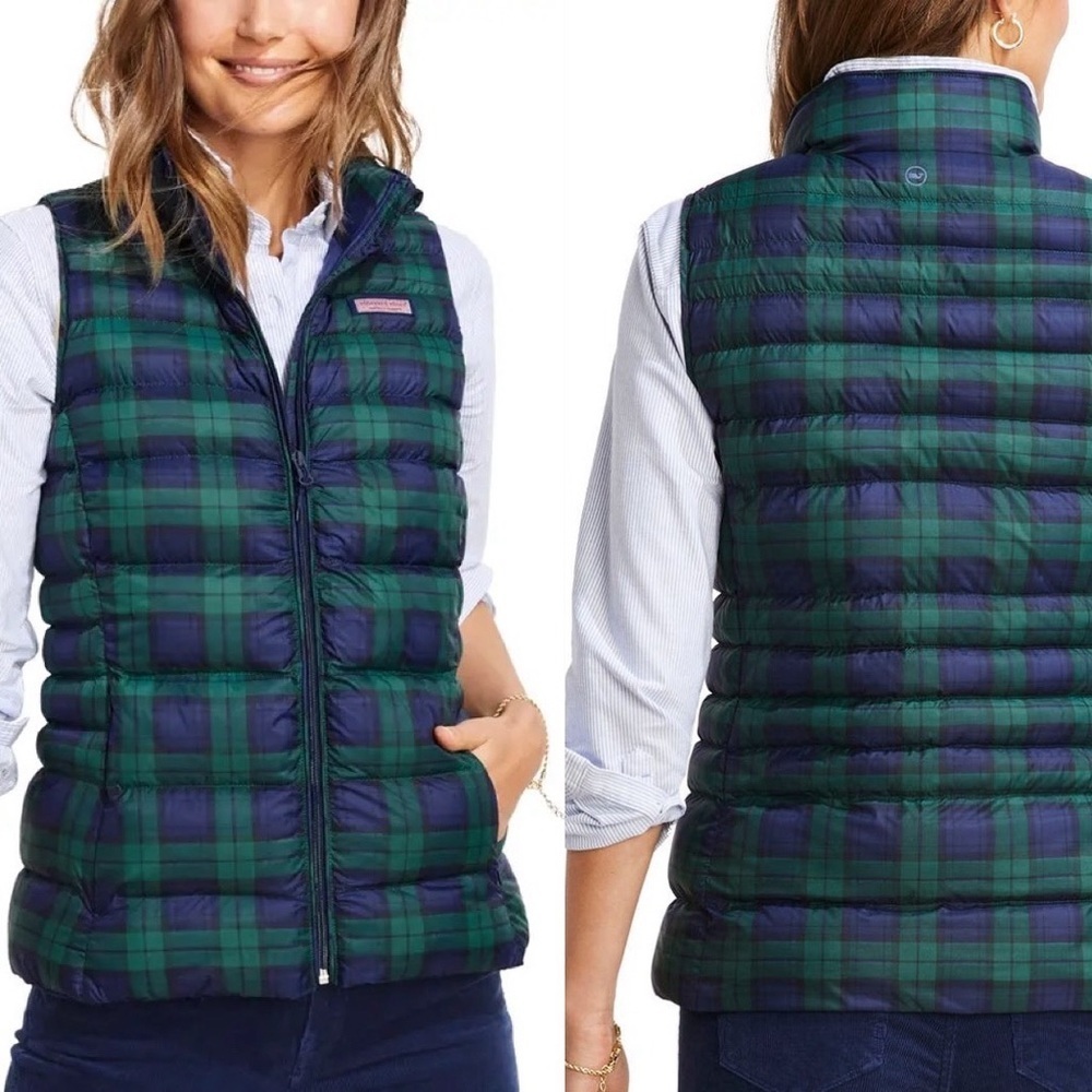 Vineyard Vines Channel Green Plaid Puffer Vest size small